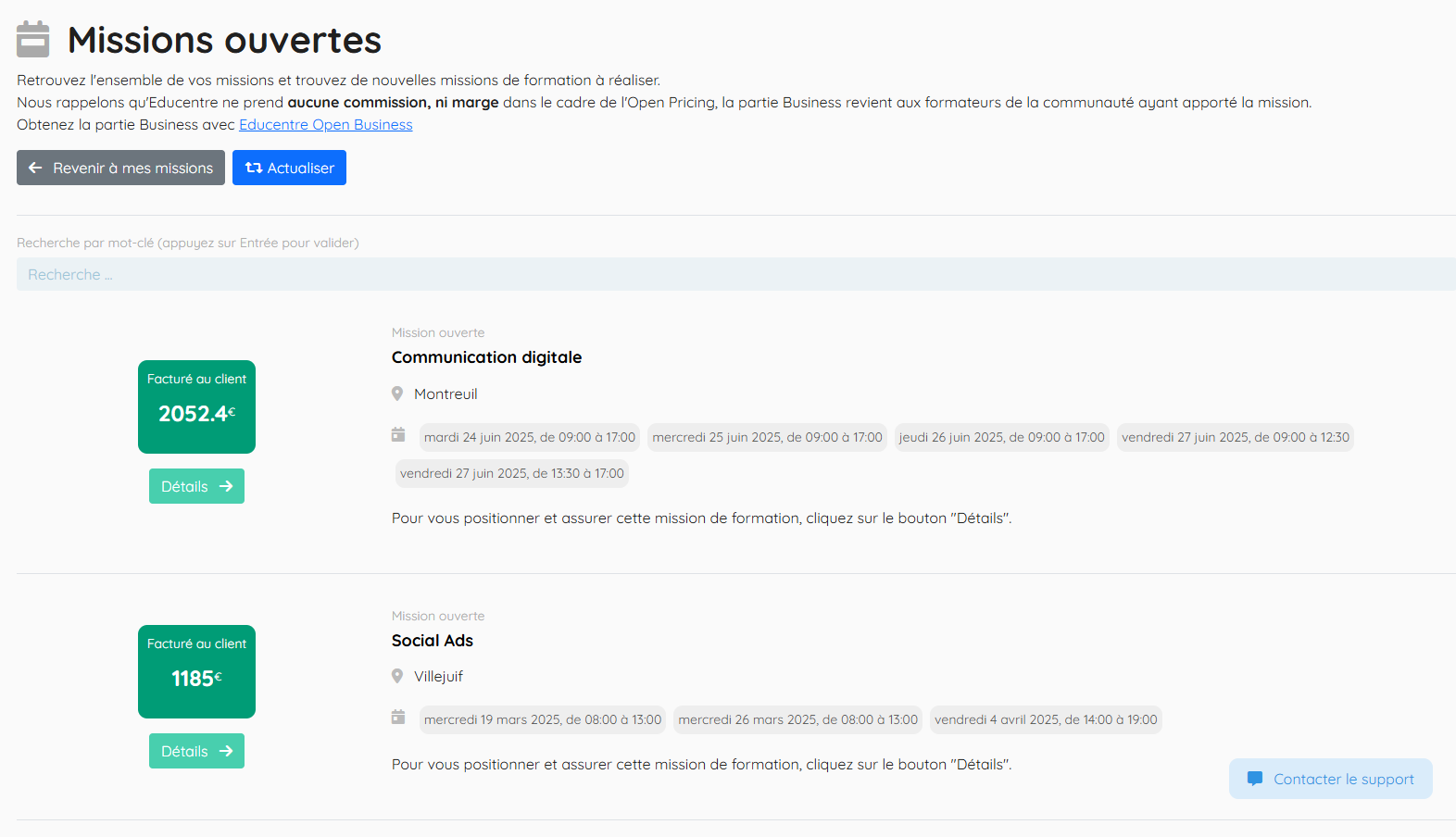 Interface de recherche de missions pour formateurs indépendants