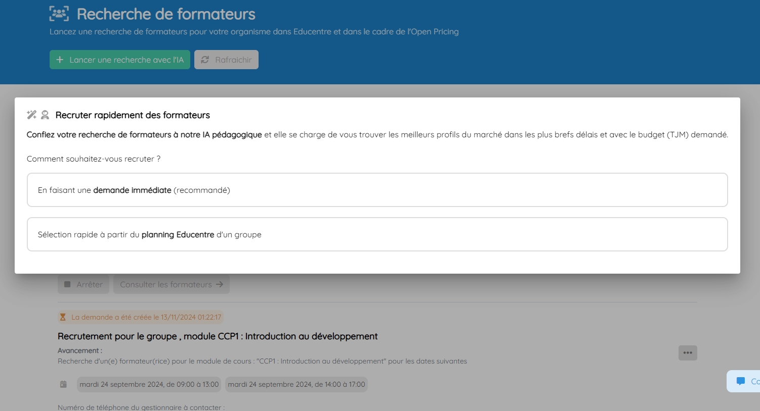 Interface de recrutement de formateurs sur Educentre